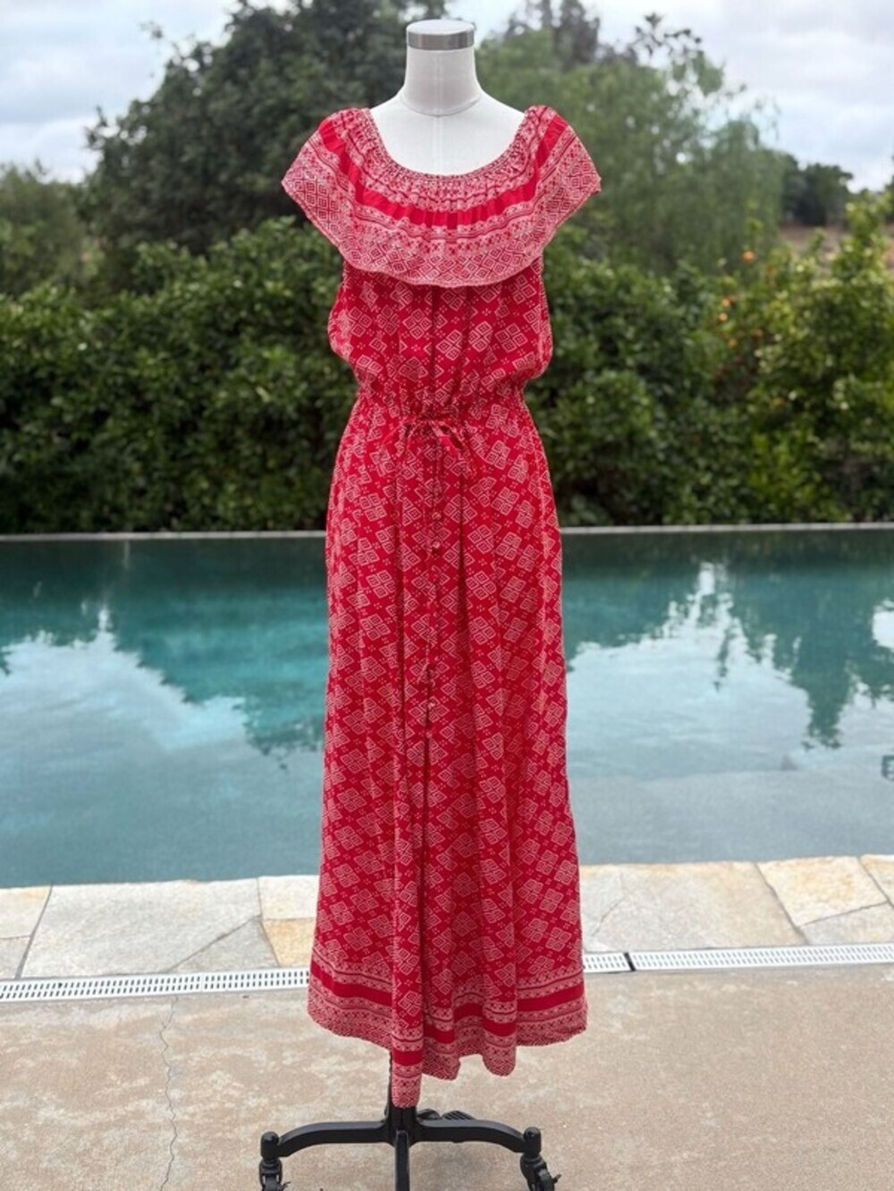 NWT Talisman The Label Goddess Maxi Dress Red White Geometric Print Size L
